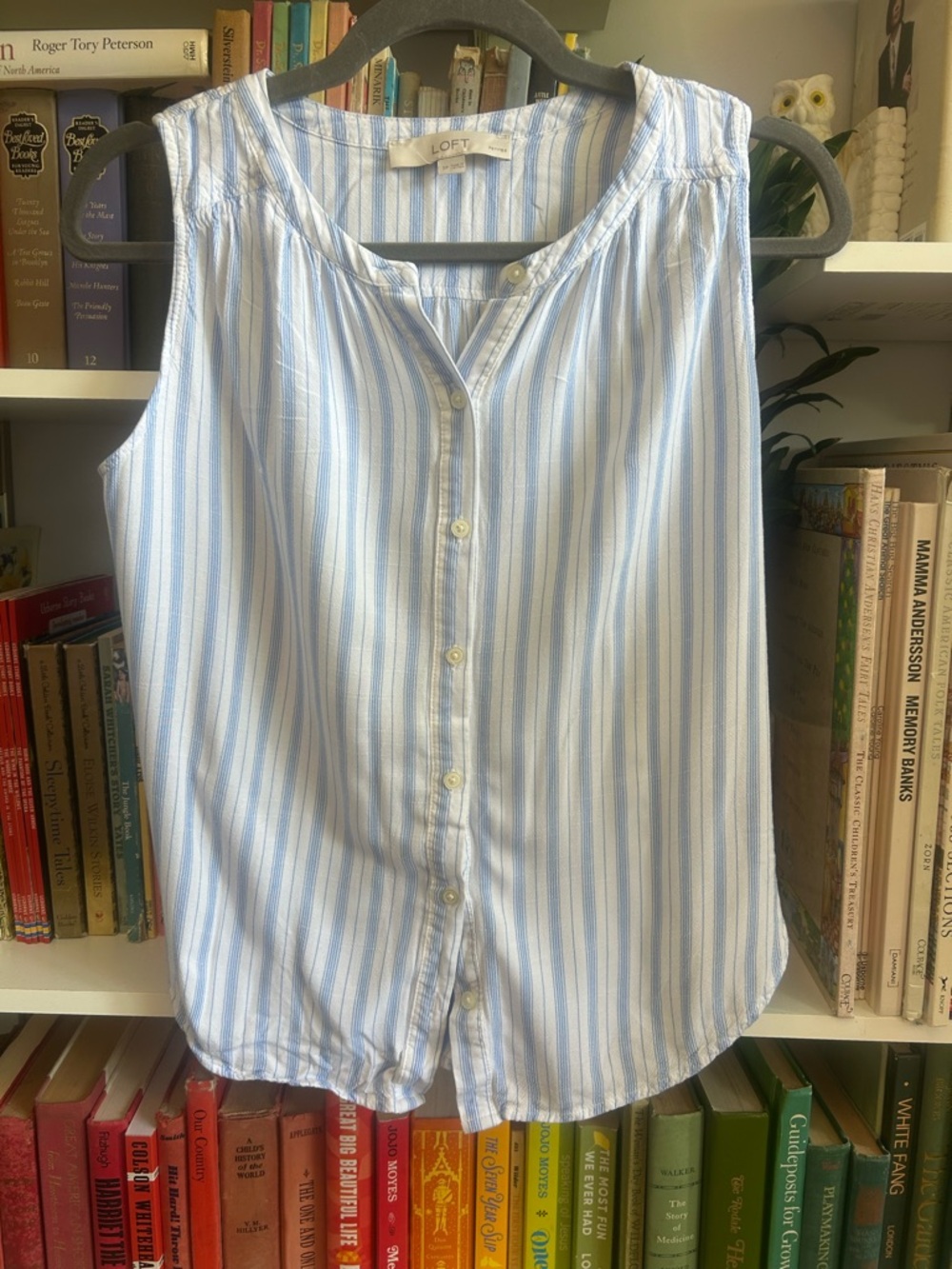 LOFT Blue & White Striped Sleeveless Button-Up Camisole
